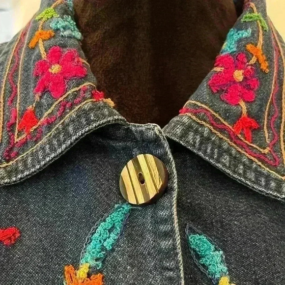 Unite vintage 90s Embroidery Jean jacket with wooden buttonsXL groovy  festivals - Picture 5 of 9